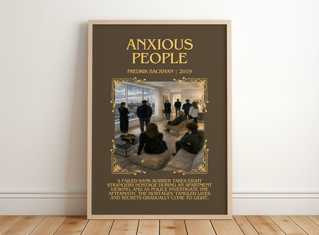 Anxious People Minimalist Book Poster by Fredrik Backman – framed print leaning on a wooden floor