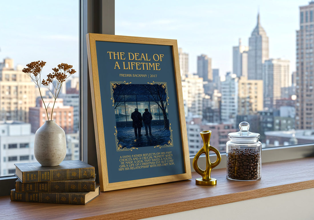The Deal Of A Lifetime Minimalist Book Poster by Fredrik Backman – framed print on a city-view windowsill