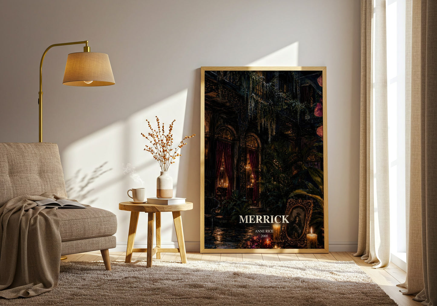 Merrick watercolour print in frame leaning in hallway – horror wall art
