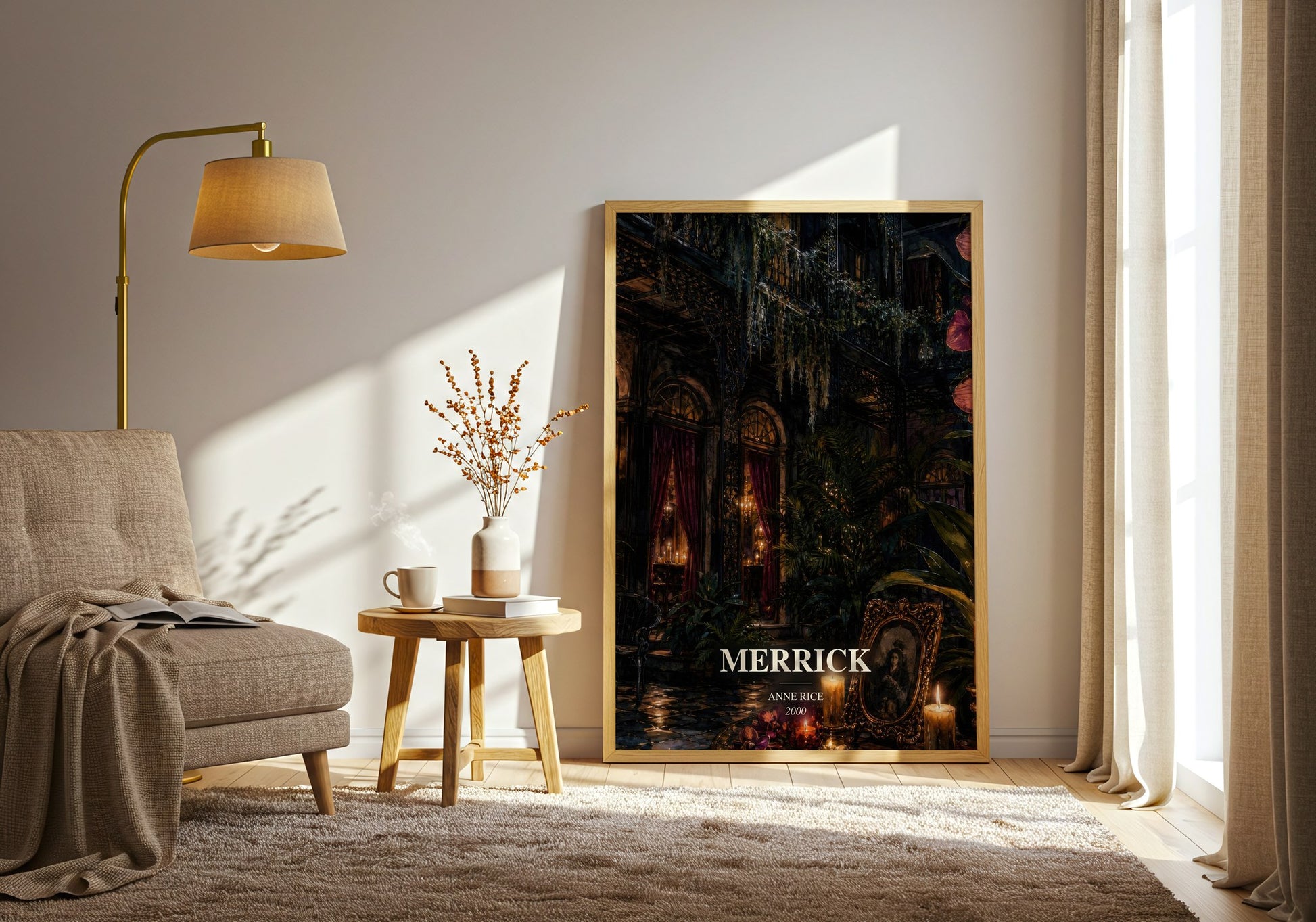 Merrick watercolour print in frame leaning in hallway – horror wall art