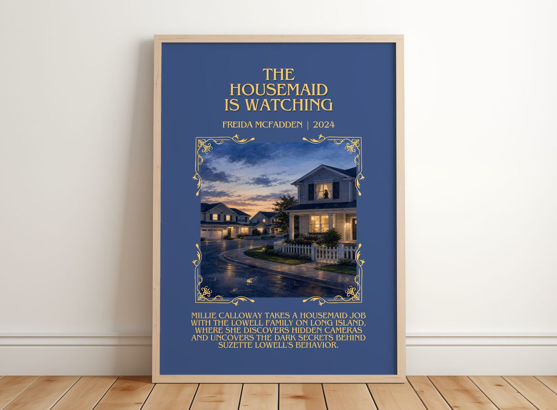 The Housemaid Is Watching Minimalist Book Poster by Freida Mcfadden – framed print leaning on a wooden floor