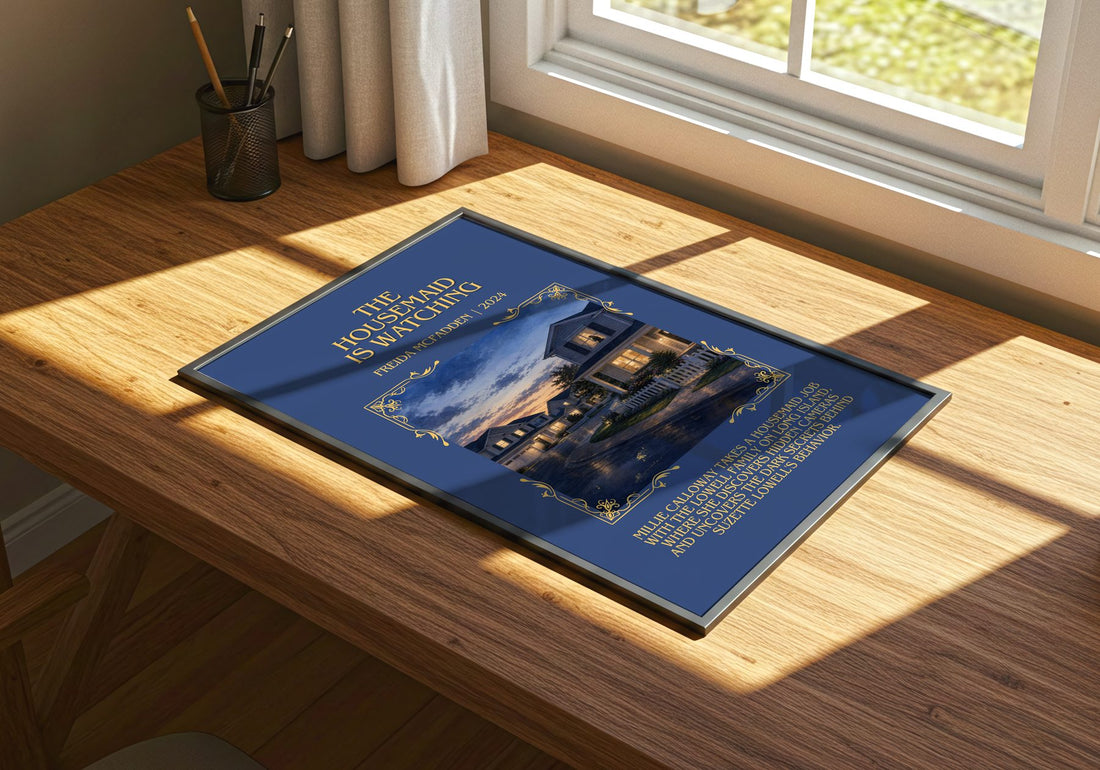 The Housemaid Is Watching Minimalist Book Poster by Freida Mcfadden – print on a sunlit desk