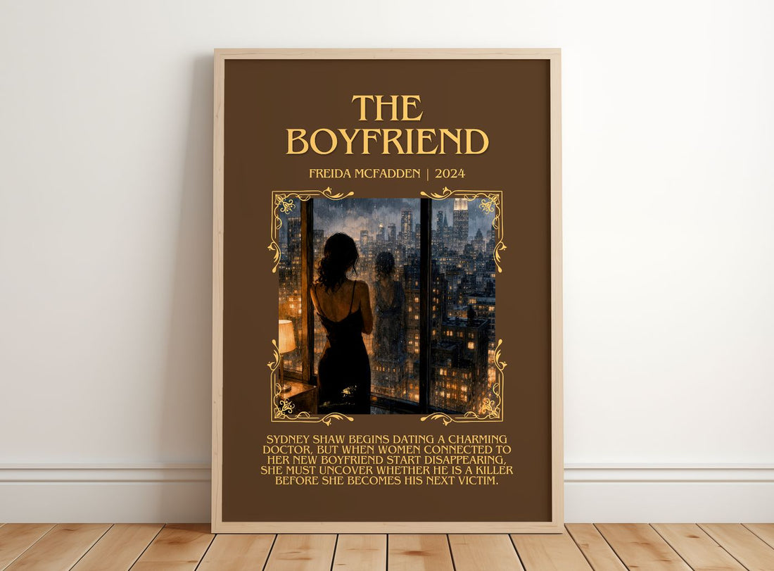 The Boyfriend Minimalist Book Poster by Freida Mcfadden – framed print leaning on a wooden floor