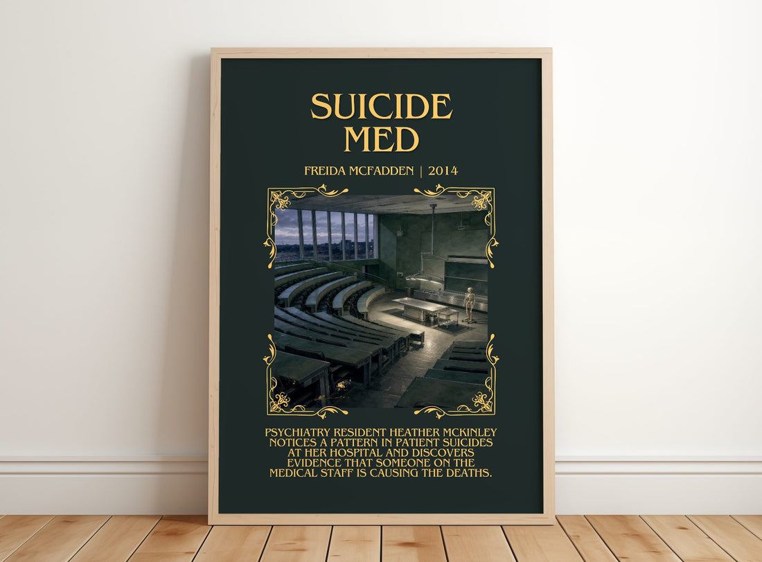 Suicide Med Minimalist Book Poster by Freida Mcfadden – framed print leaning on a wooden floor