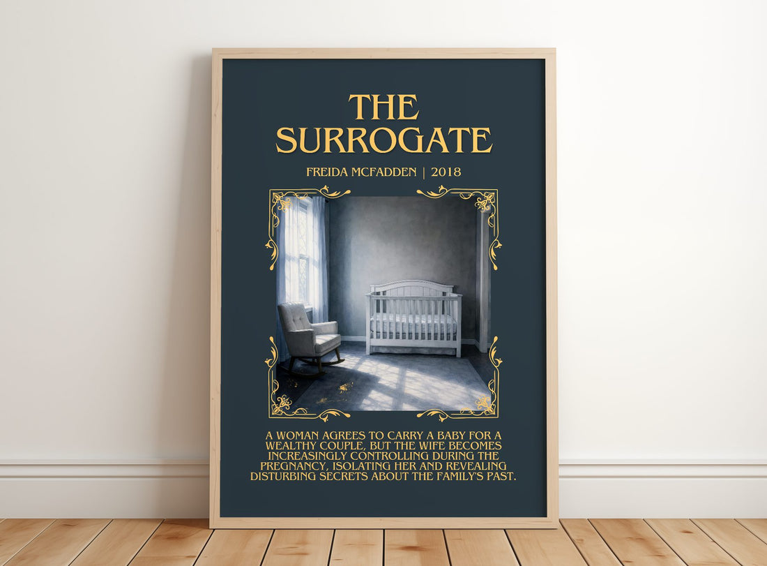 The Surrogate Minimalist Book Poster by Freida Mcfadden – framed print leaning on a wooden floor