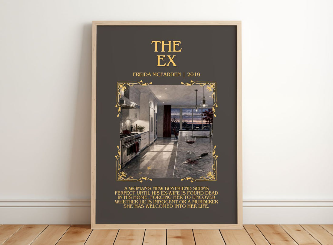 The Ex Minimalist Book Poster by Freida Mcfadden – framed print leaning on a wooden floor