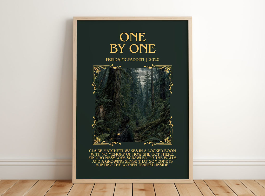 One By One Minimalist Book Poster by Freida Mcfadden – framed print leaning on a wooden floor