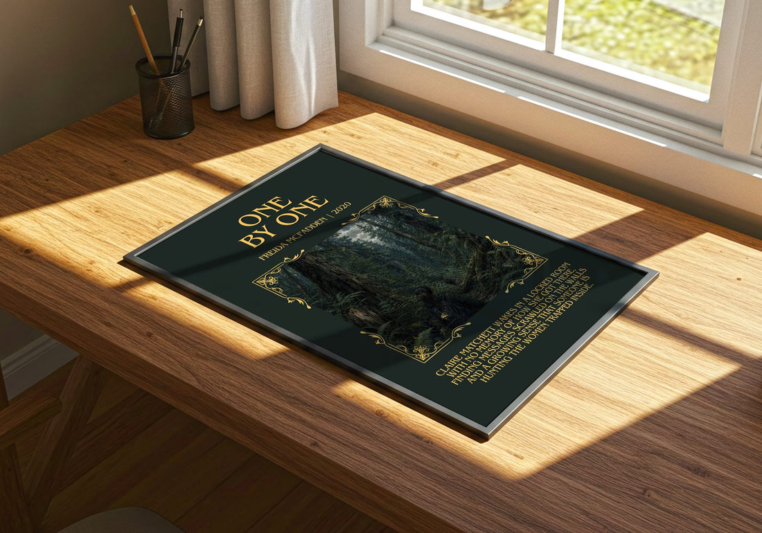 One By One Minimalist Book Poster by Freida Mcfadden – print on a sunlit desk