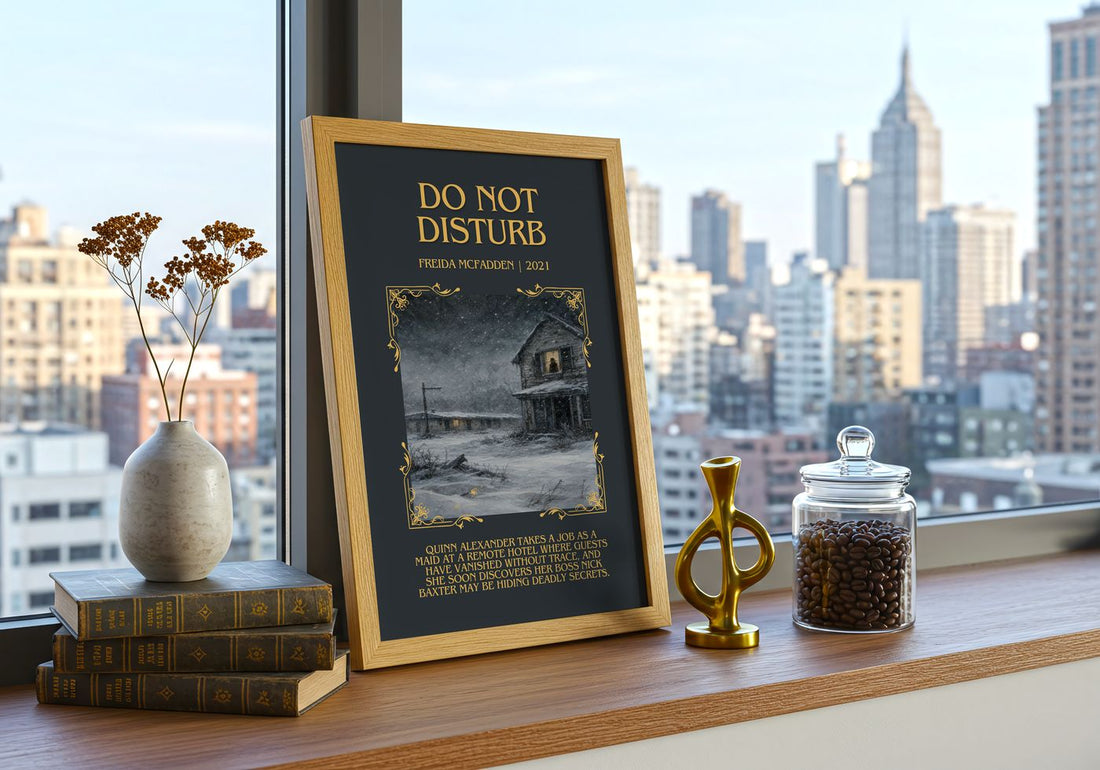 Do Not Disturb Minimalist Book Poster by Freida Mcfadden – framed print on a city-view windowsill