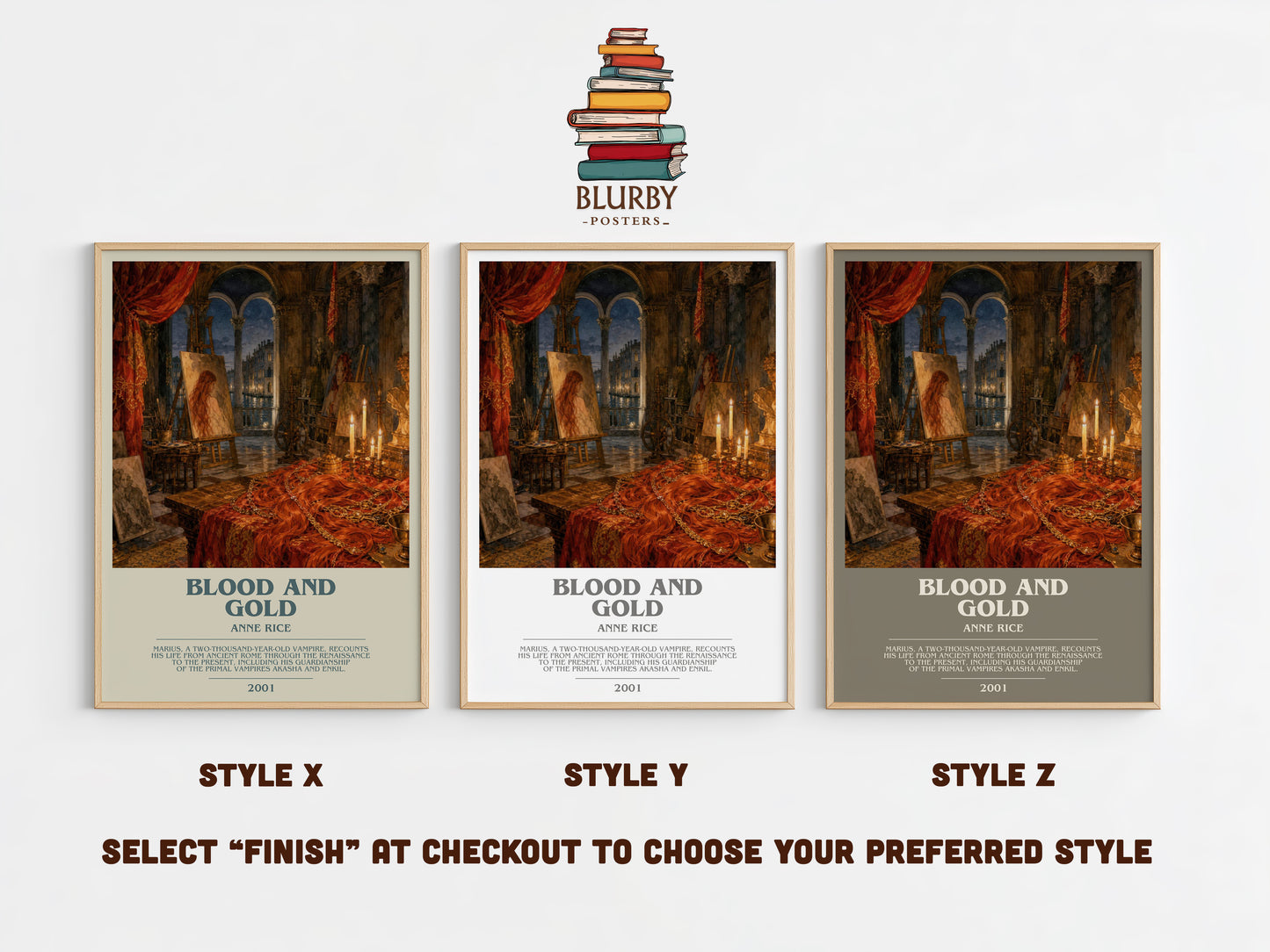 Blood And Gold bookish print in frame leaning in hallway – horror wall art