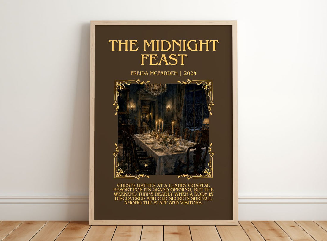 The Midnight Feast Minimalist Book Poster by Freida Mcfadden – framed print leaning on a wooden floor