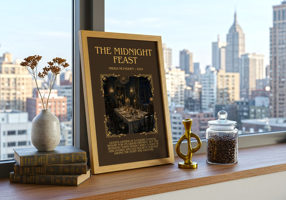 The Midnight Feast Minimalist Book Poster by Freida Mcfadden – framed print on a city-view windowsill