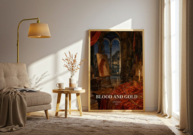 Blood And Gold watercolour print in frame leaning in hallway – horror wall art