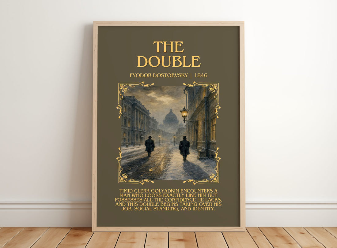 The Double Minimalist Book Poster by Fyodor Dostoevsky – framed print leaning on a wooden floor