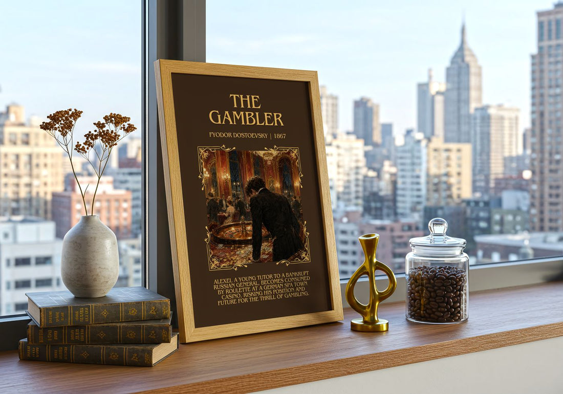 The Gambler Minimalist Book Poster by Fyodor Dostoevsky – framed print on a city-view windowsill