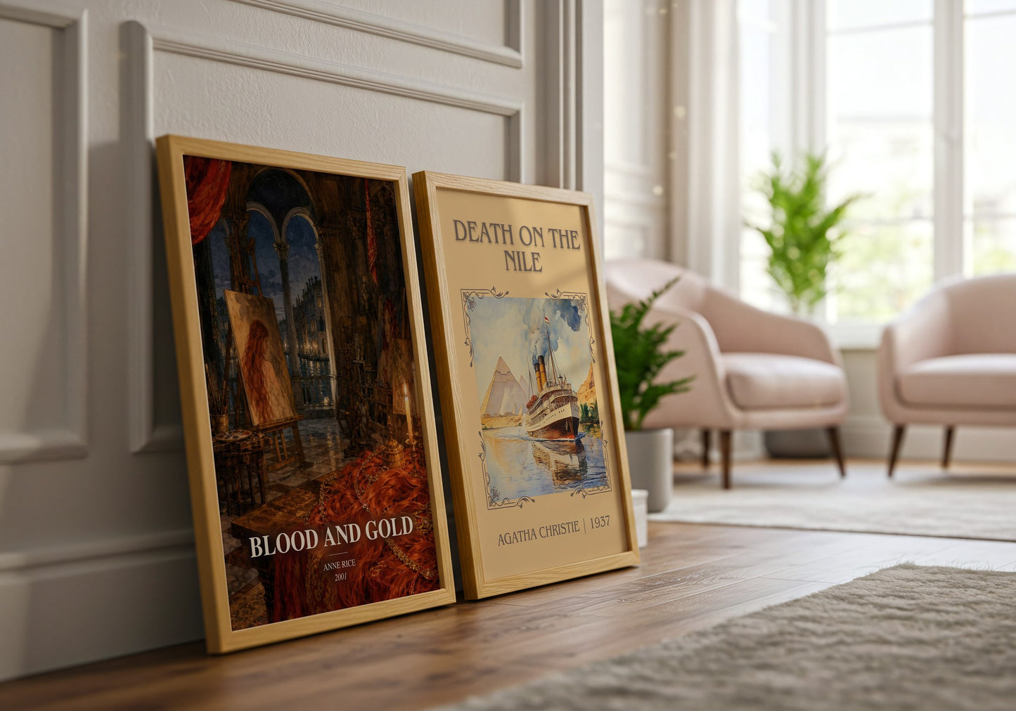 Blood And Gold watercolour print framed by window – literary home decor