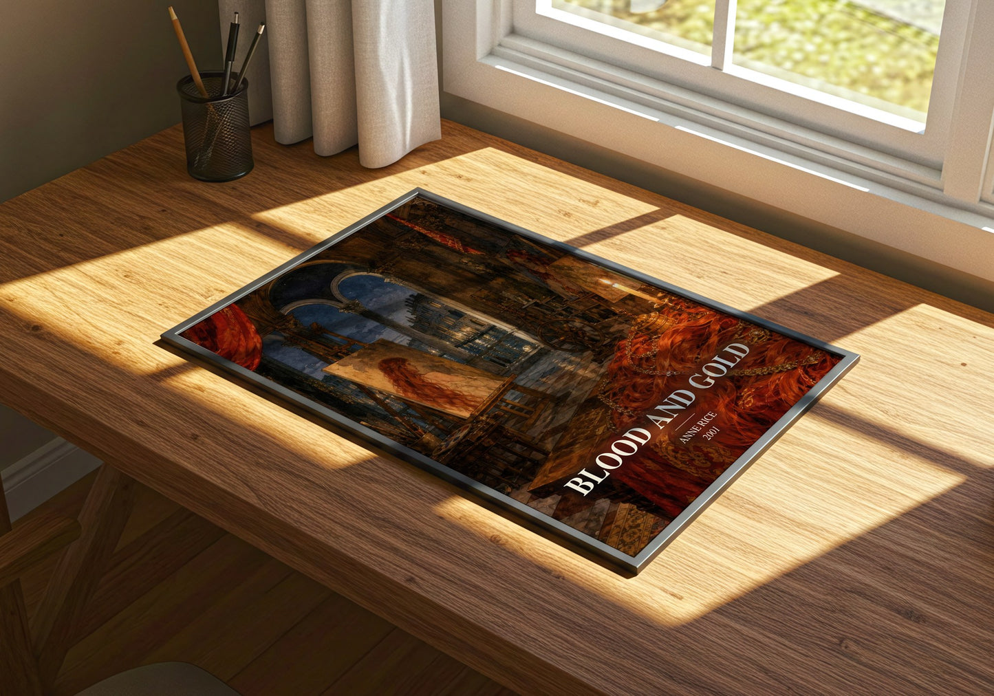 Blood And Gold watercolour book poster framed on wall – horror wall art