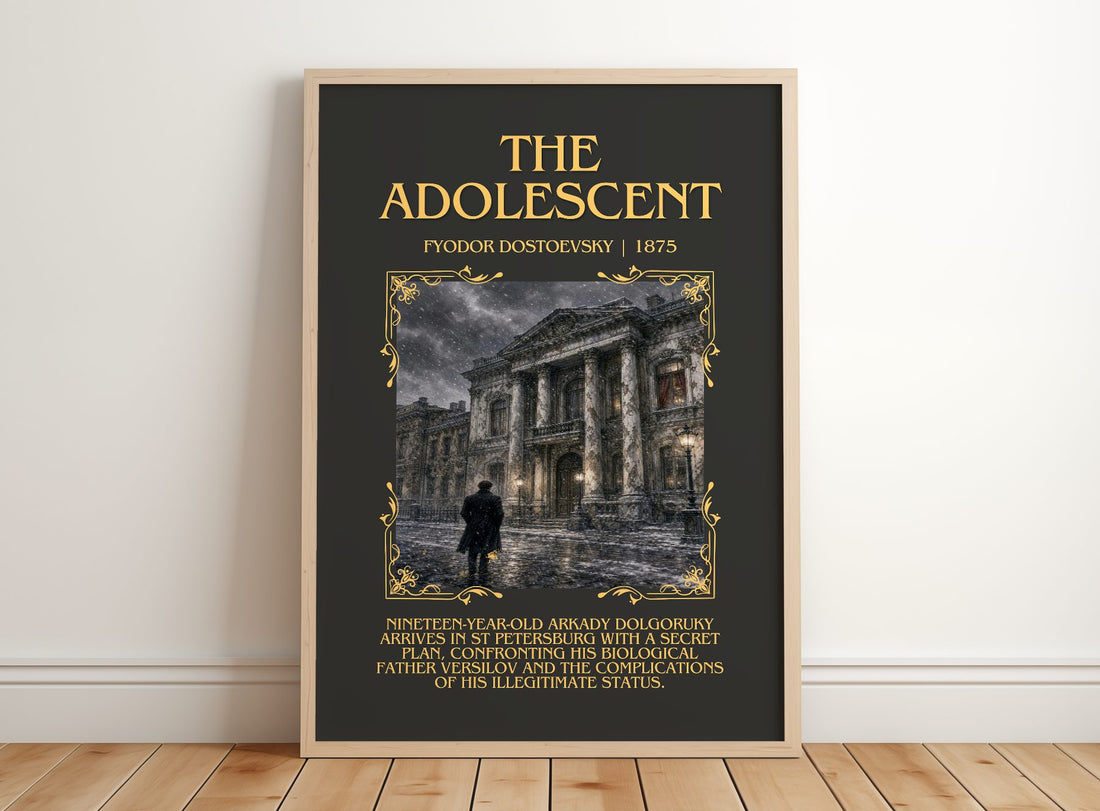 The Adolescent Minimalist Book Poster by Fyodor Dostoevsky – framed print leaning on a wooden floor