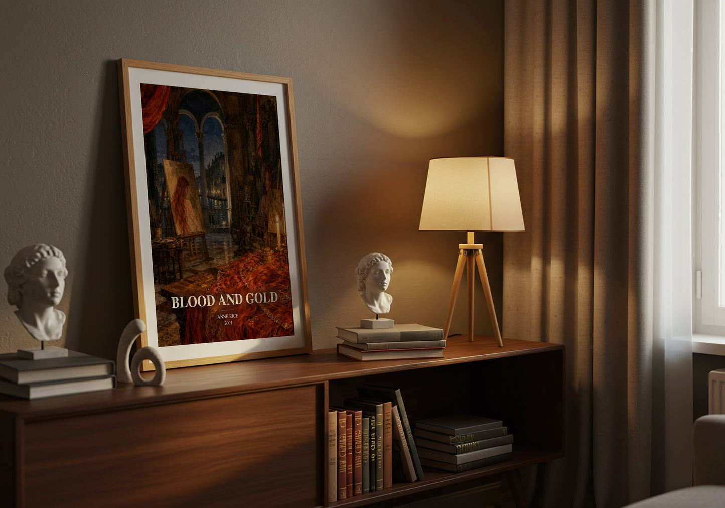 Blood And Gold watercolour print on bookshelf – Anne Rice fan gift