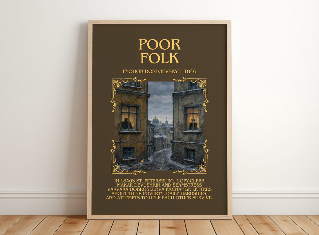Poor Folk Minimalist Book Poster by Fyodor Dostoevsky – framed print leaning on a wooden floor
