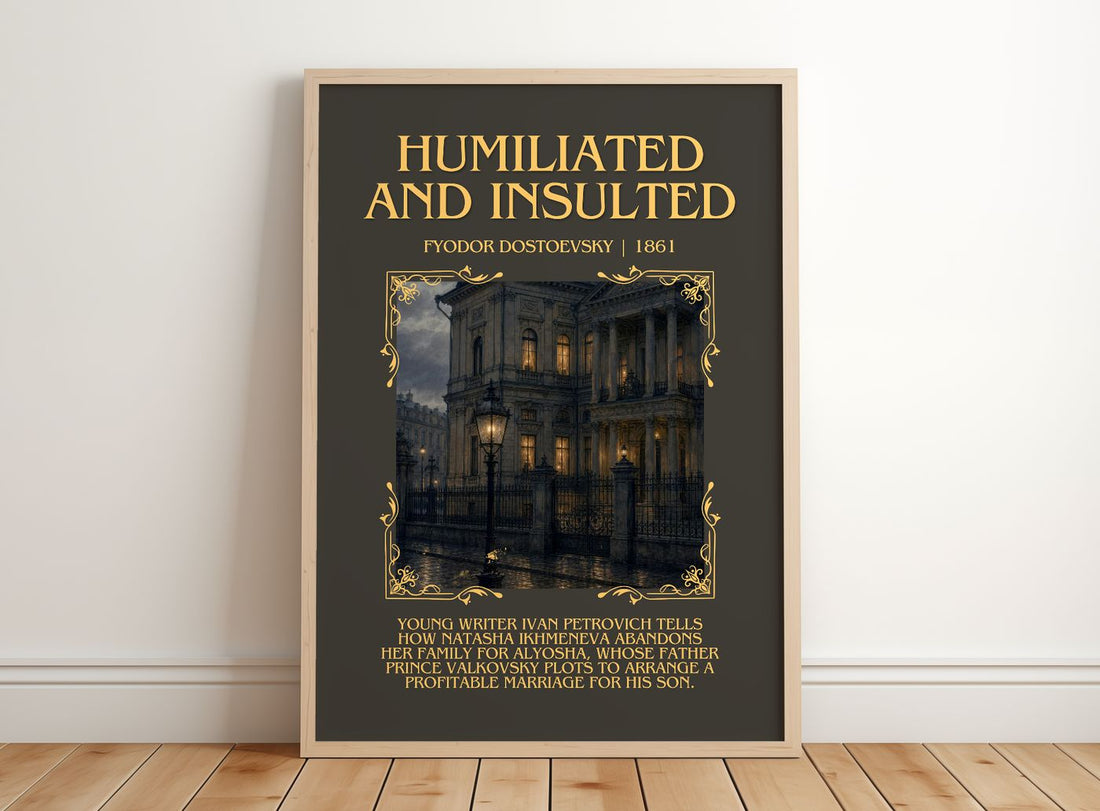 Humiliated And Insulted Minimalist Book Poster by Fyodor Dostoevsky – framed print leaning on a wooden floor