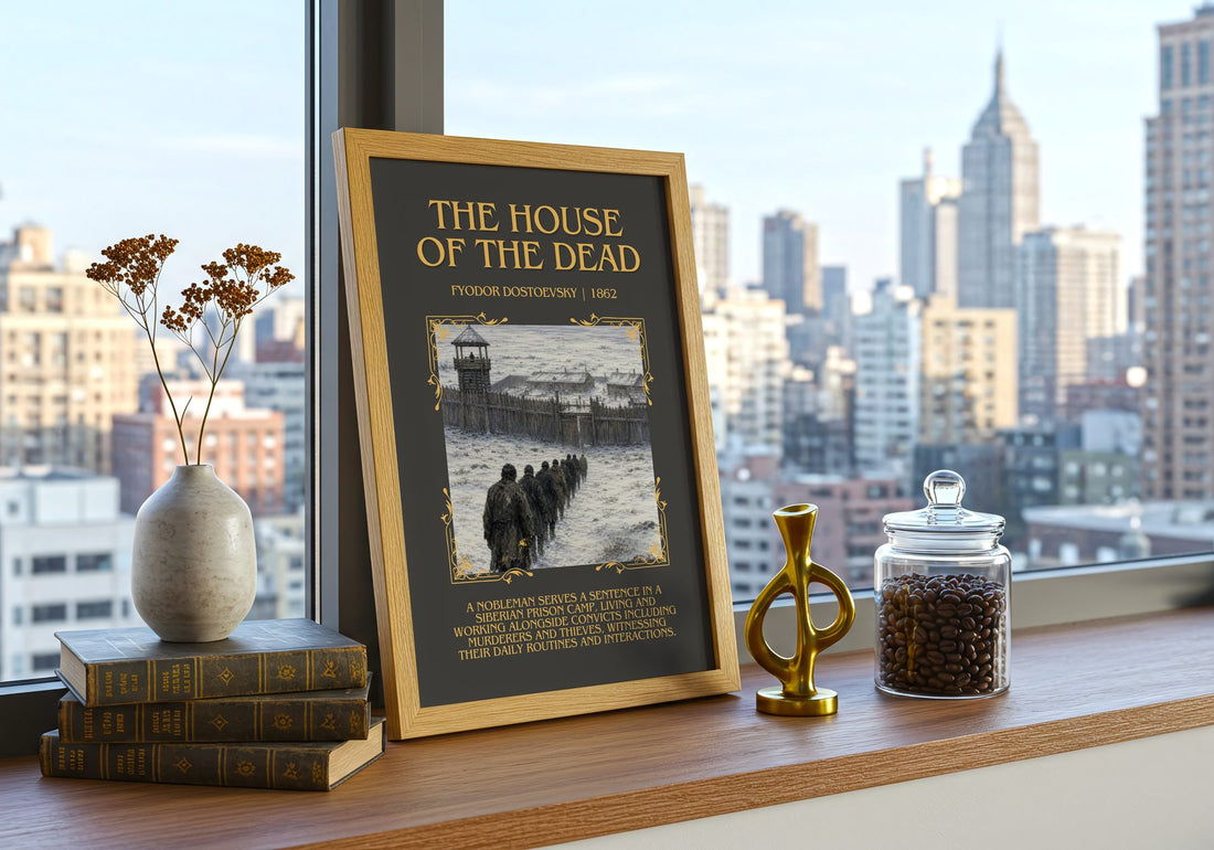 The House Of The Dead Minimalist Book Poster by Fyodor Dostoevsky – framed print on a city-view windowsill