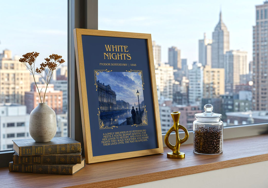 White Nights Minimalist Book Poster by Fyodor Dostoevsky – framed print on a city-view windowsill