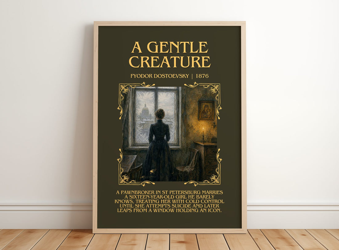 A Gentle Creature Minimalist Book Poster by Fyodor Dostoevsky – framed print leaning on a wooden floor