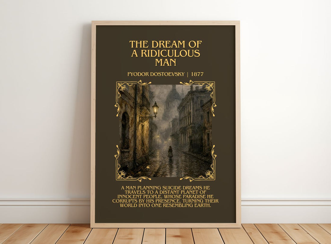 Dream Of A Ridiculous Man Minimalist Book Poster by Fyodor Dostoevsky – framed print leaning on a wooden floor
