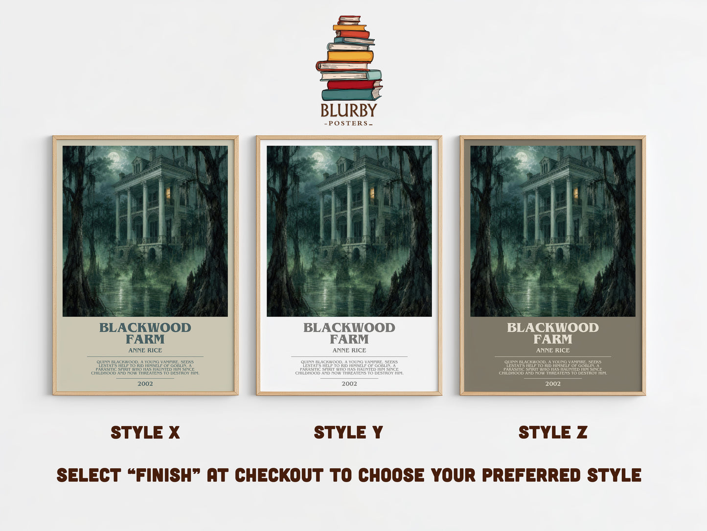 Blackwood Farm bookish print in frame leaning in hallway – horror wall art
