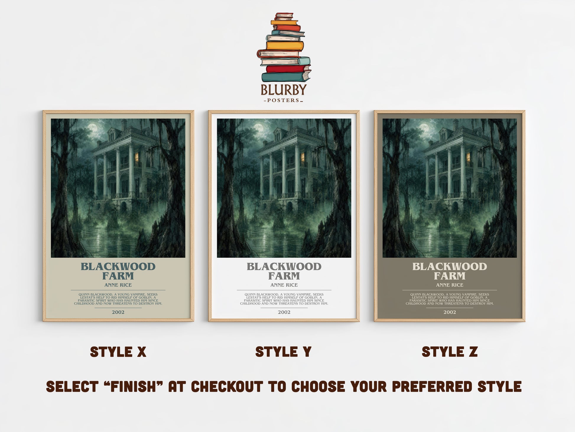 Blackwood Farm bookish print in frame leaning in hallway – horror wall art