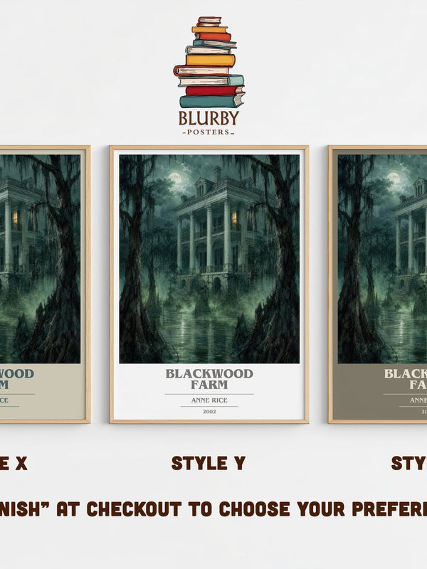 Blackwood Farm book cover print in frame leaning in hallway – horror wall art