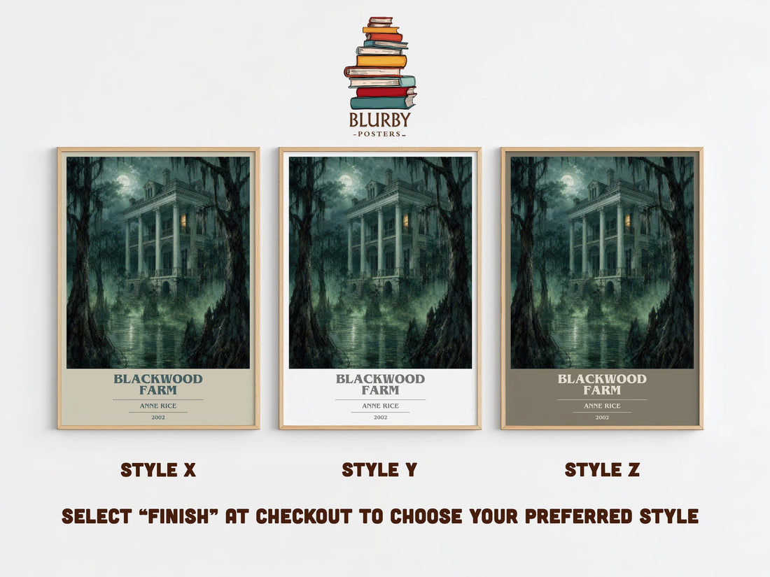 Blackwood Farm book cover print in frame leaning in hallway – horror wall art (mockup)