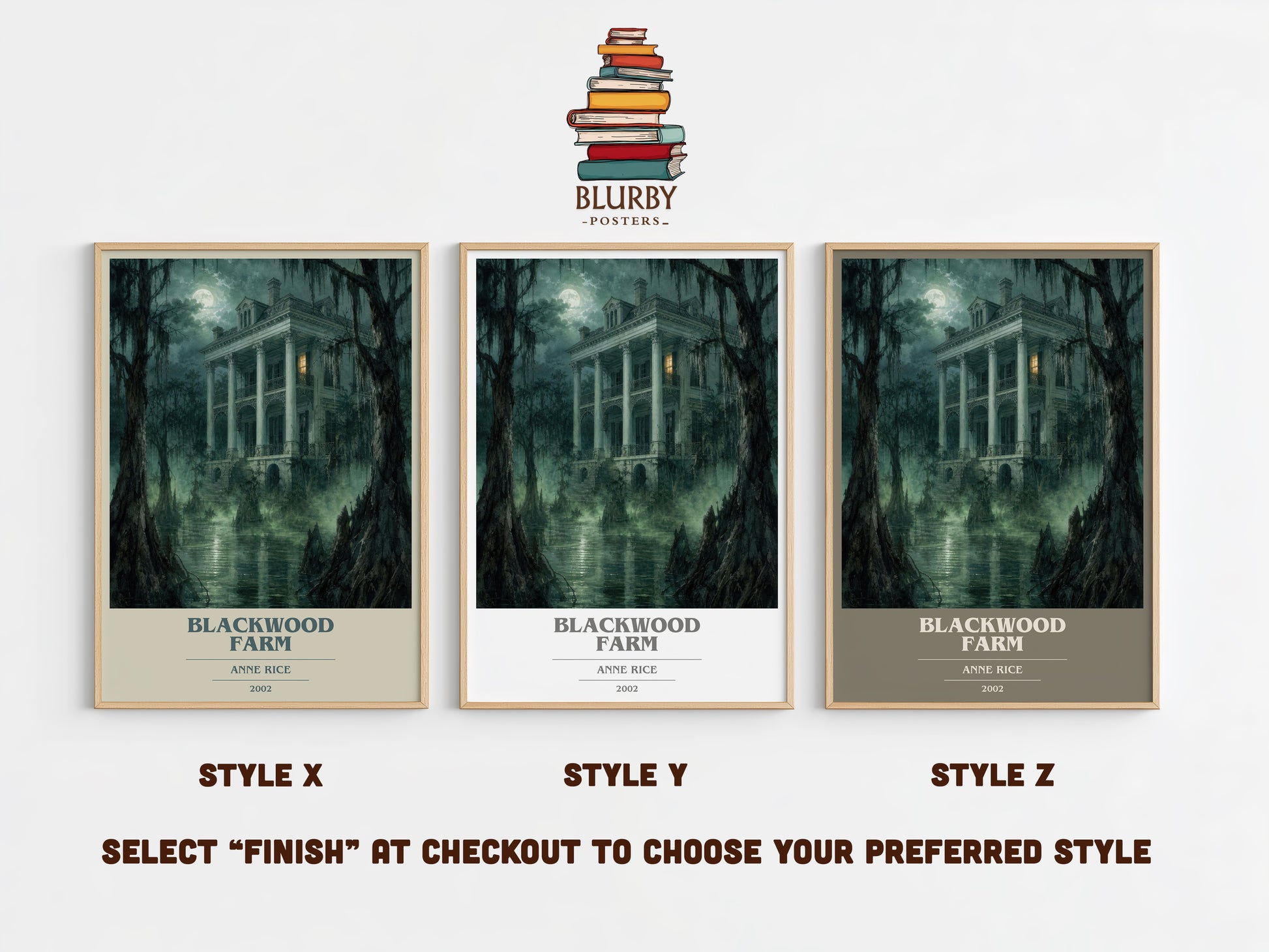 Blackwood Farm book cover print in frame leaning in hallway – horror wall art
