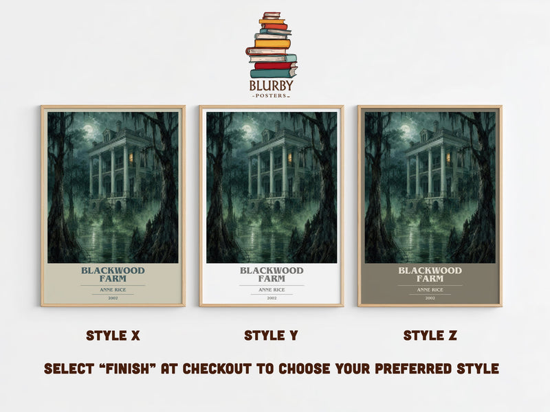 Blackwood Farm book cover print in frame leaning in hallway – horror wall art