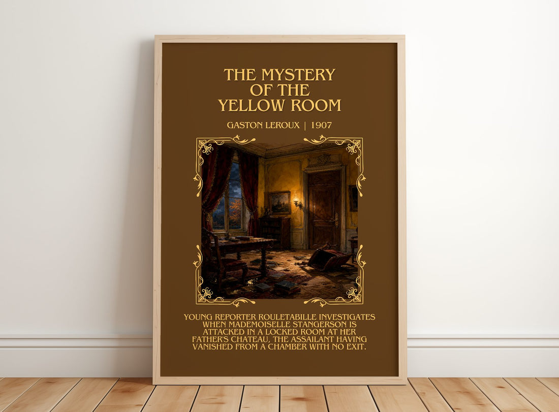 The Mystery Of The Yellow Room Minimalist Book Poster by Gaston Leroux – framed print leaning on a wooden floor