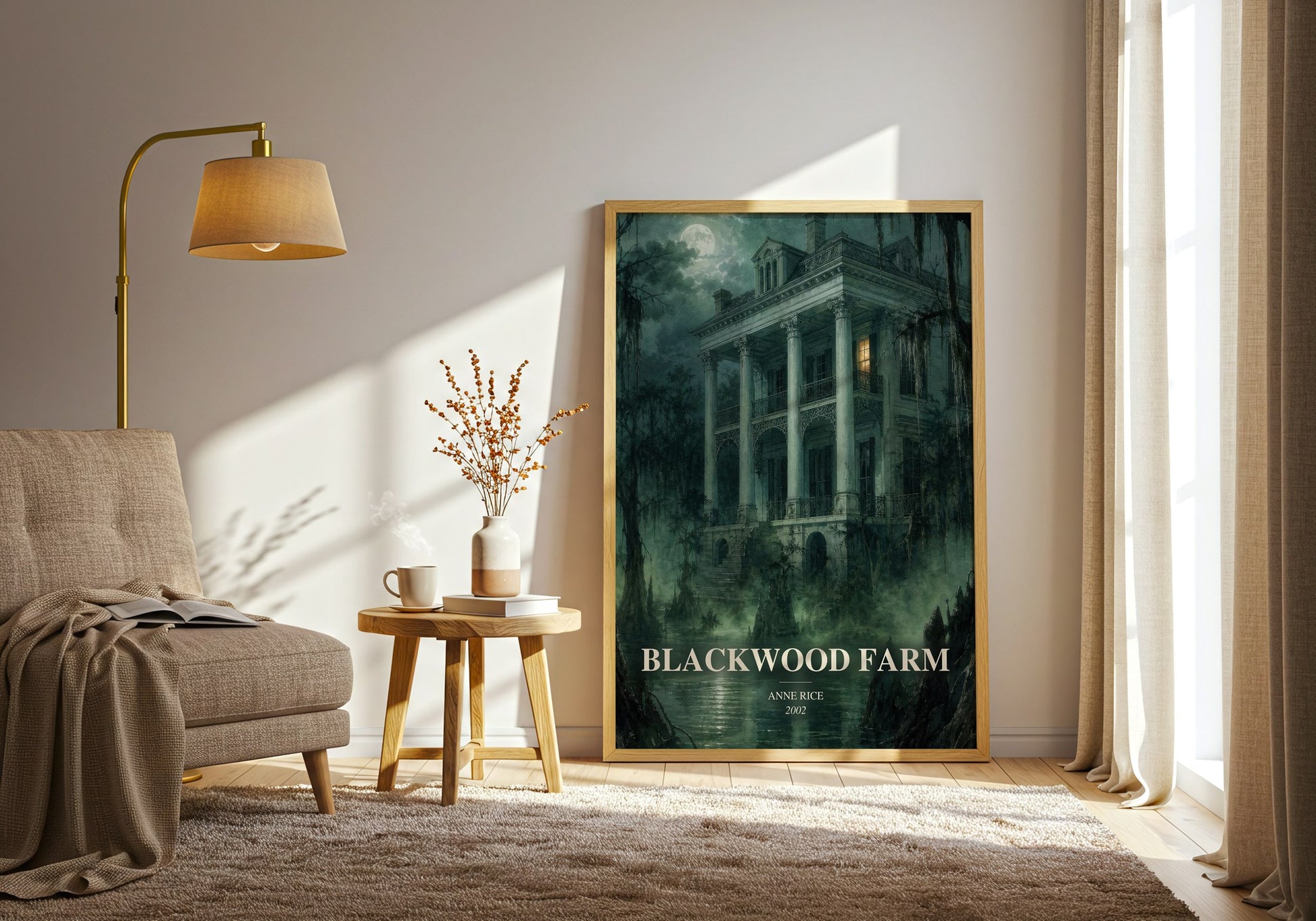 Blackwood Farm watercolour print in frame leaning in hallway – horror wall art