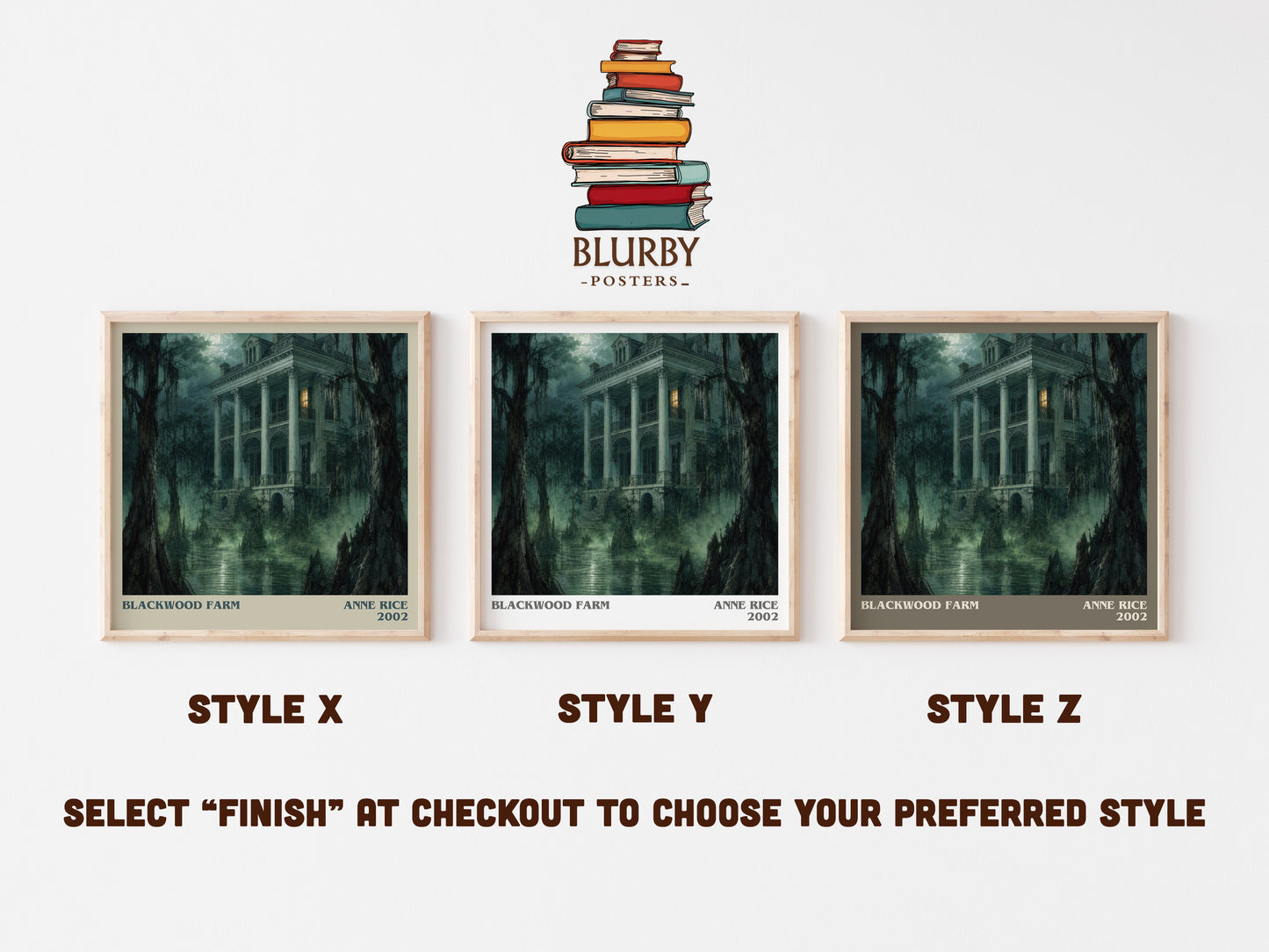 Blackwood Farm literary print in frame leaning in hallway – horror wall art