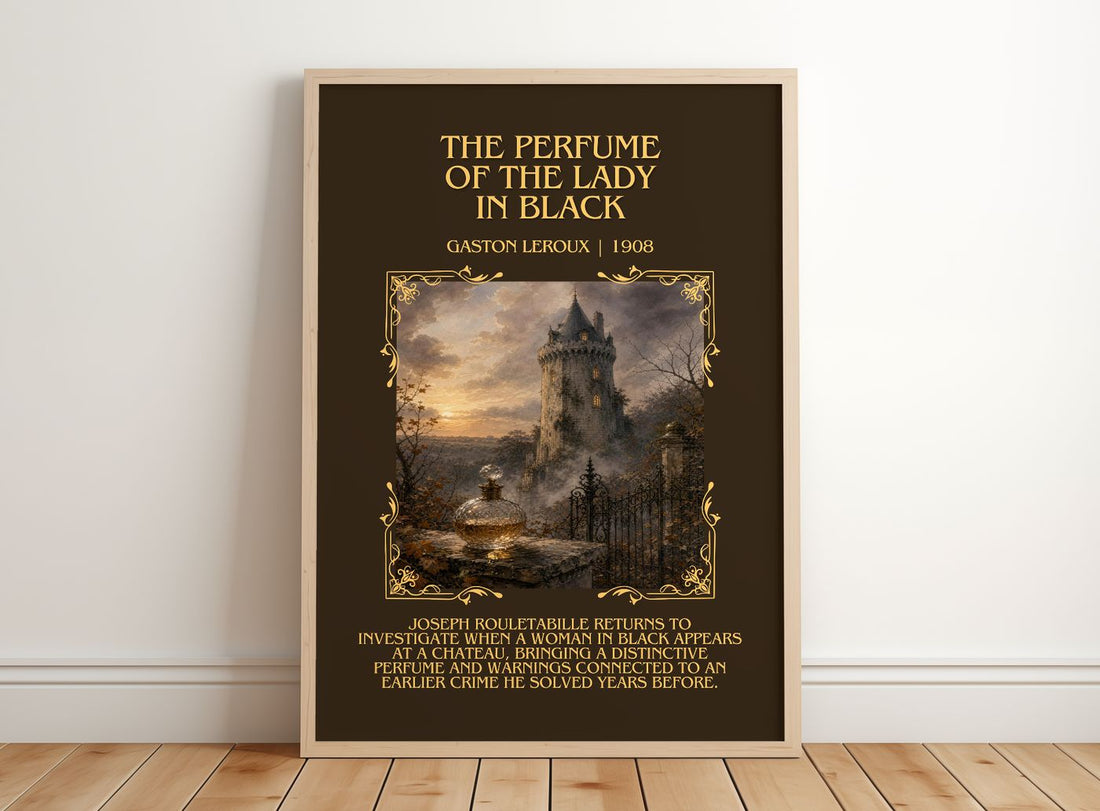 Perfume Of The Lady In Black Minimalist Book Poster by Gaston Leroux – framed print leaning on a wooden floor