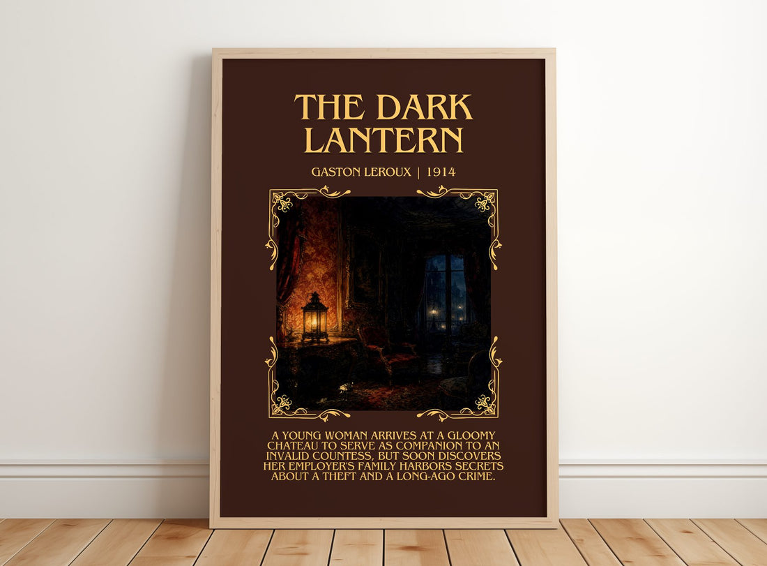 The Dark Lantern Minimalist Book Poster by Gaston Leroux – framed print leaning on a wooden floor
