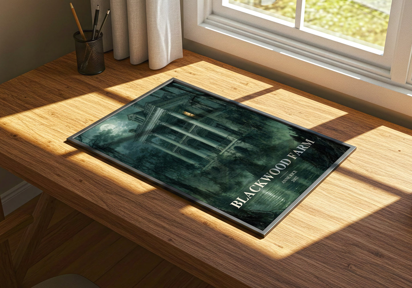 Blackwood Farm watercolour book poster framed on wall – horror wall art