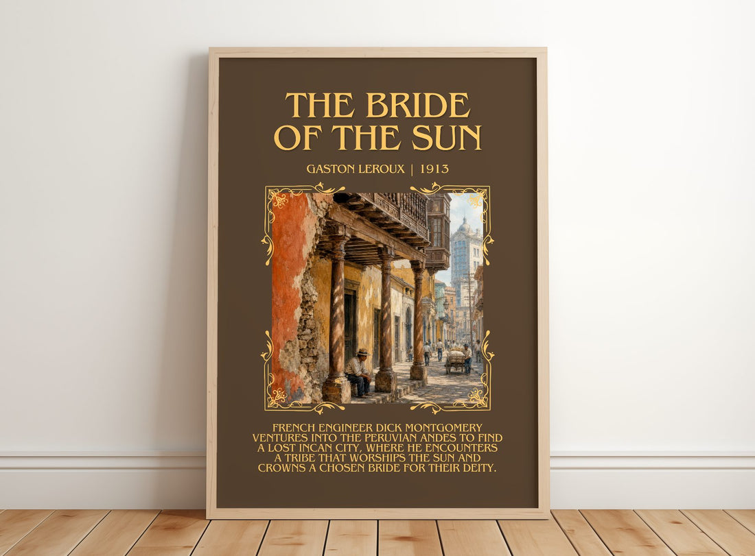 The Bride Of The Sun Minimalist Book Poster by Gaston Leroux – framed print leaning on a wooden floor