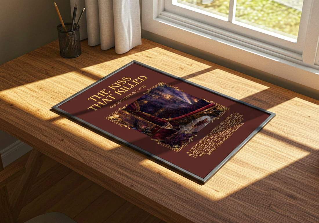 The Kiss That Killed Minimalist Book Poster by Gaston Leroux – print on a sunlit desk
