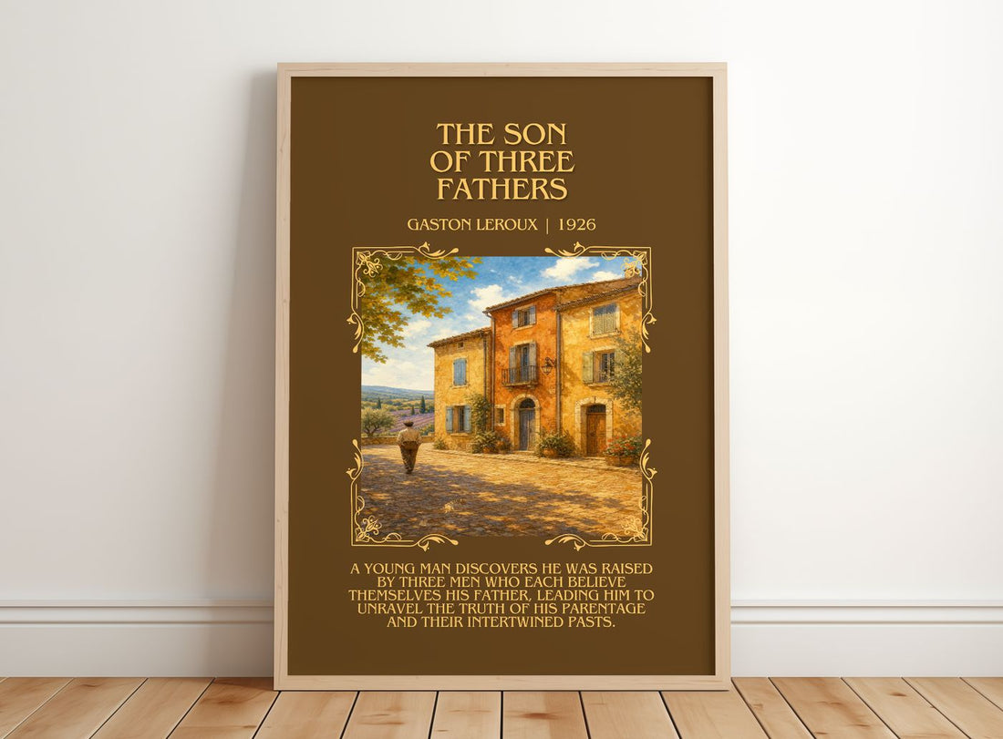 The Son Of Three Fathers Minimalist Book Poster by Gaston Leroux – framed print leaning on a wooden floor