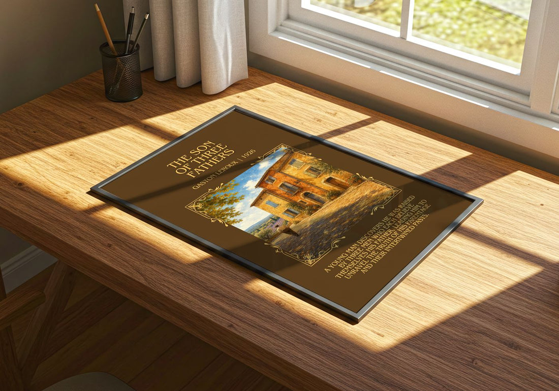 The Son Of Three Fathers Minimalist Book Poster by Gaston Leroux – print on a sunlit desk
