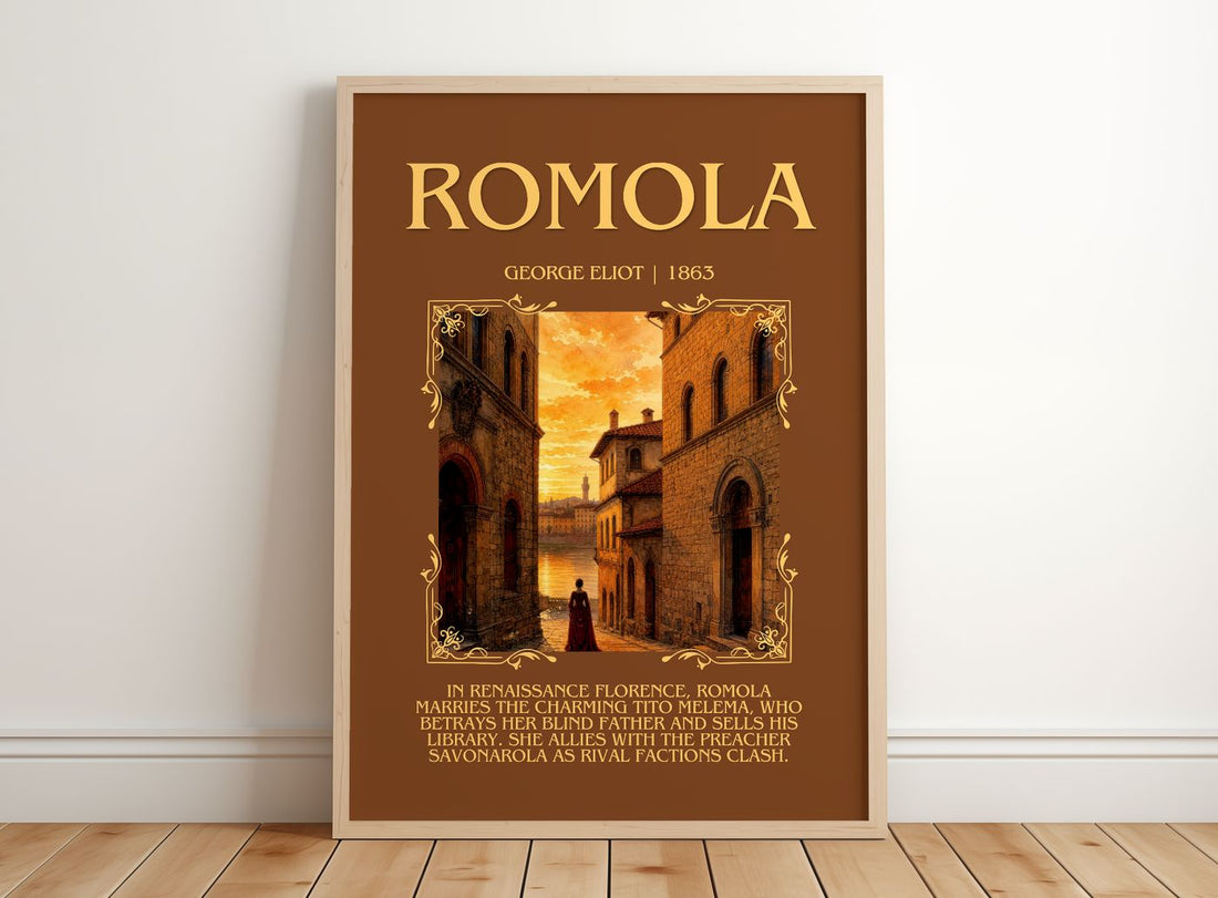 Romola Minimalist Book Poster by George Eliot – framed print leaning on a wooden floor