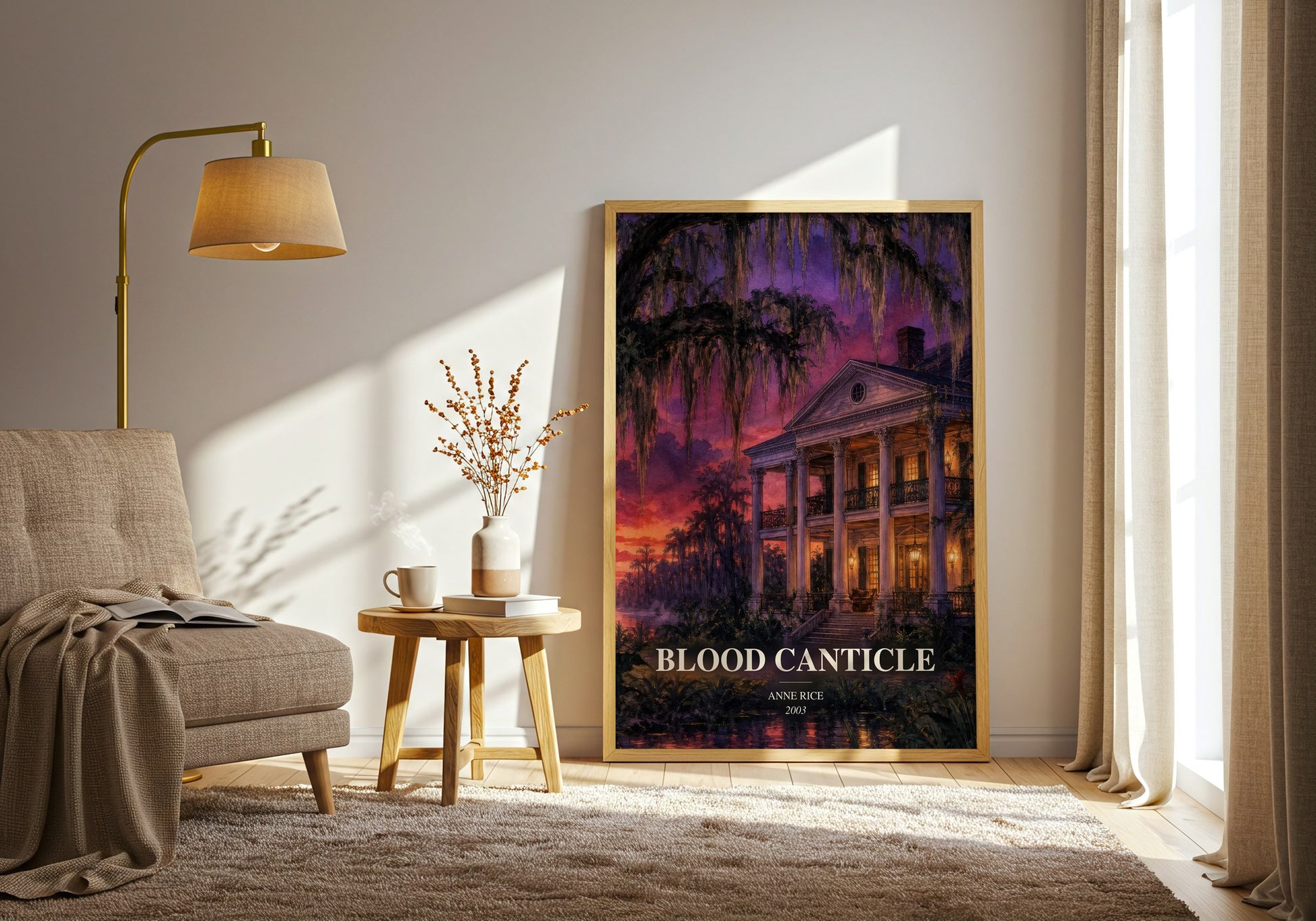 Blood Canticle watercolour print in frame leaning in hallway – horror wall art