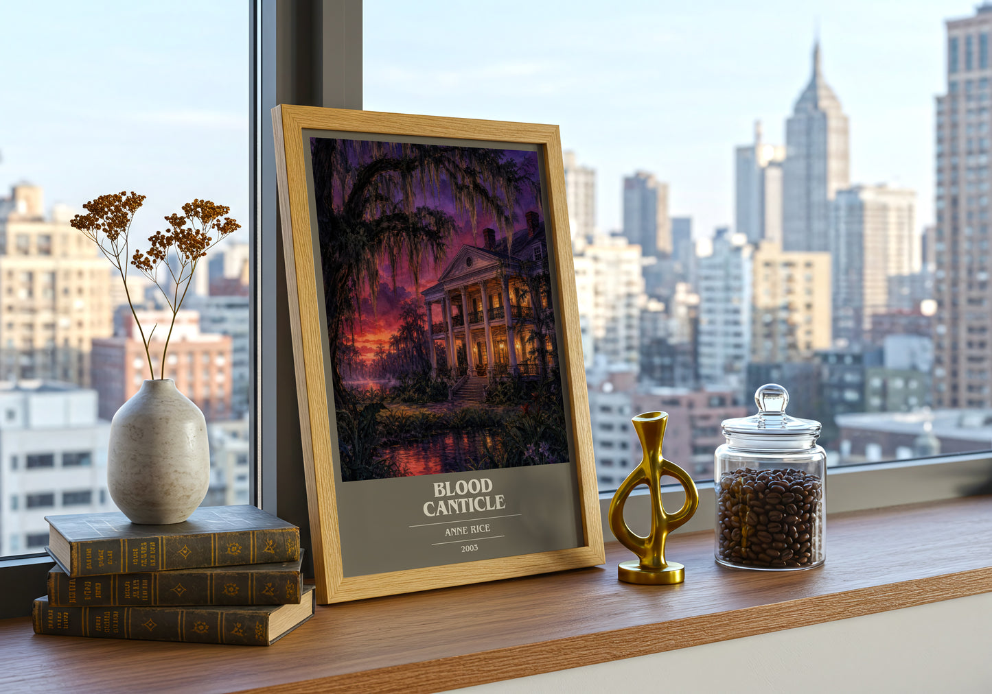 Blood Canticle book cover print framed by window – literary home decor