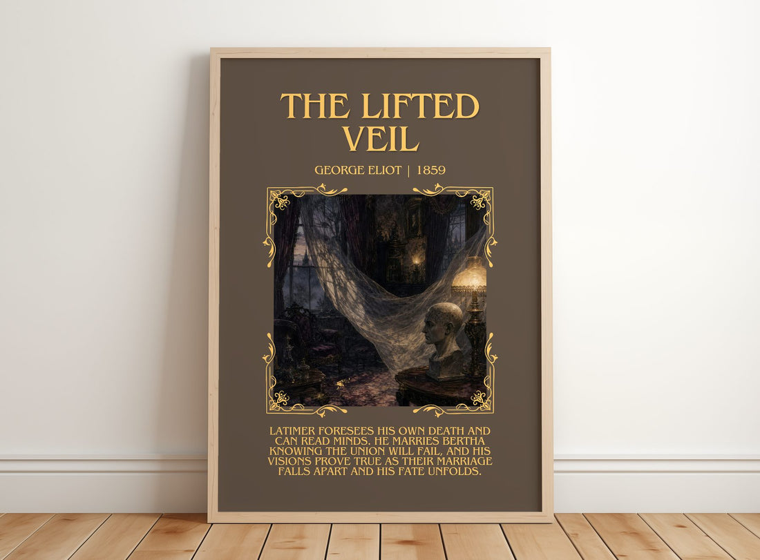 The Lifted Veil Minimalist Book Poster by George Eliot – framed print leaning on a wooden floor