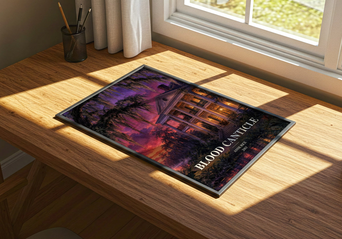 Blood Canticle watercolour book poster framed on wall – horror wall art